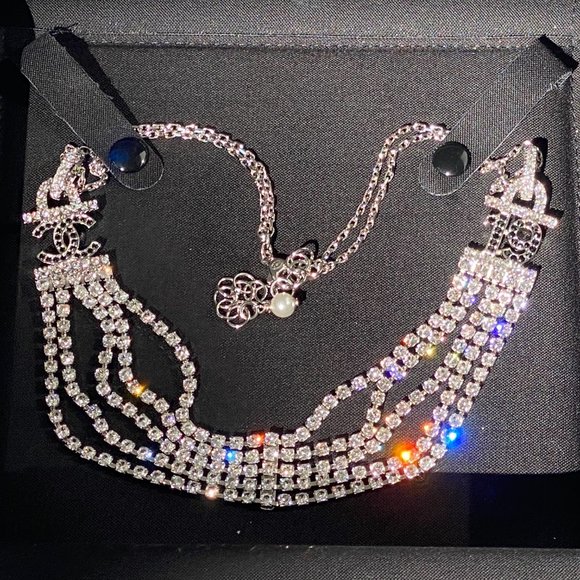 CHANEL 2022A CLASSIC SILVER TONE CC 19 LOGO CHOKER NECKLACE WHITE BLACK CRYSTALS - Picture 11 of 15